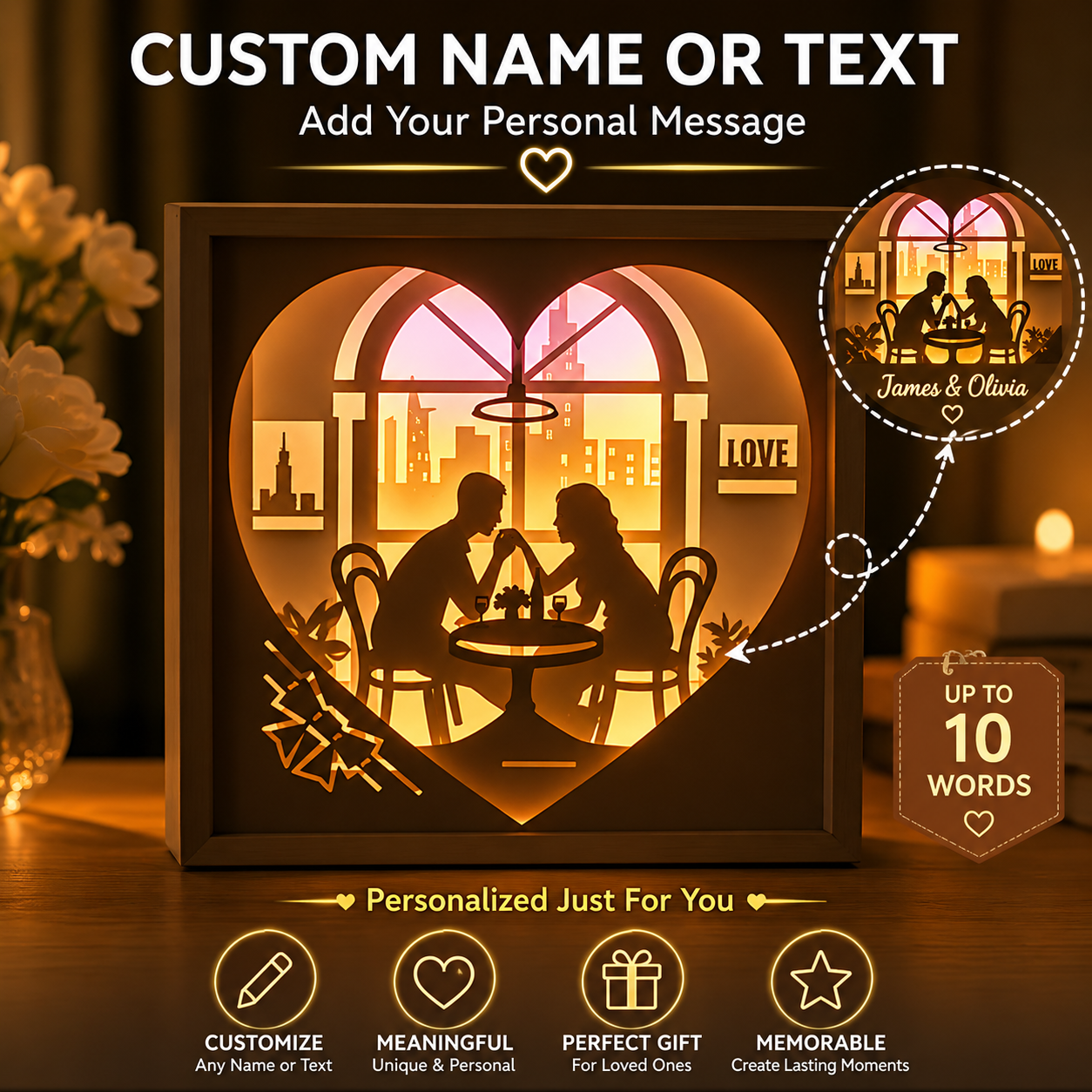 Personalized Couple 3D Paper Cut Shadow Box LED Light – Custom Family Name & Special Message